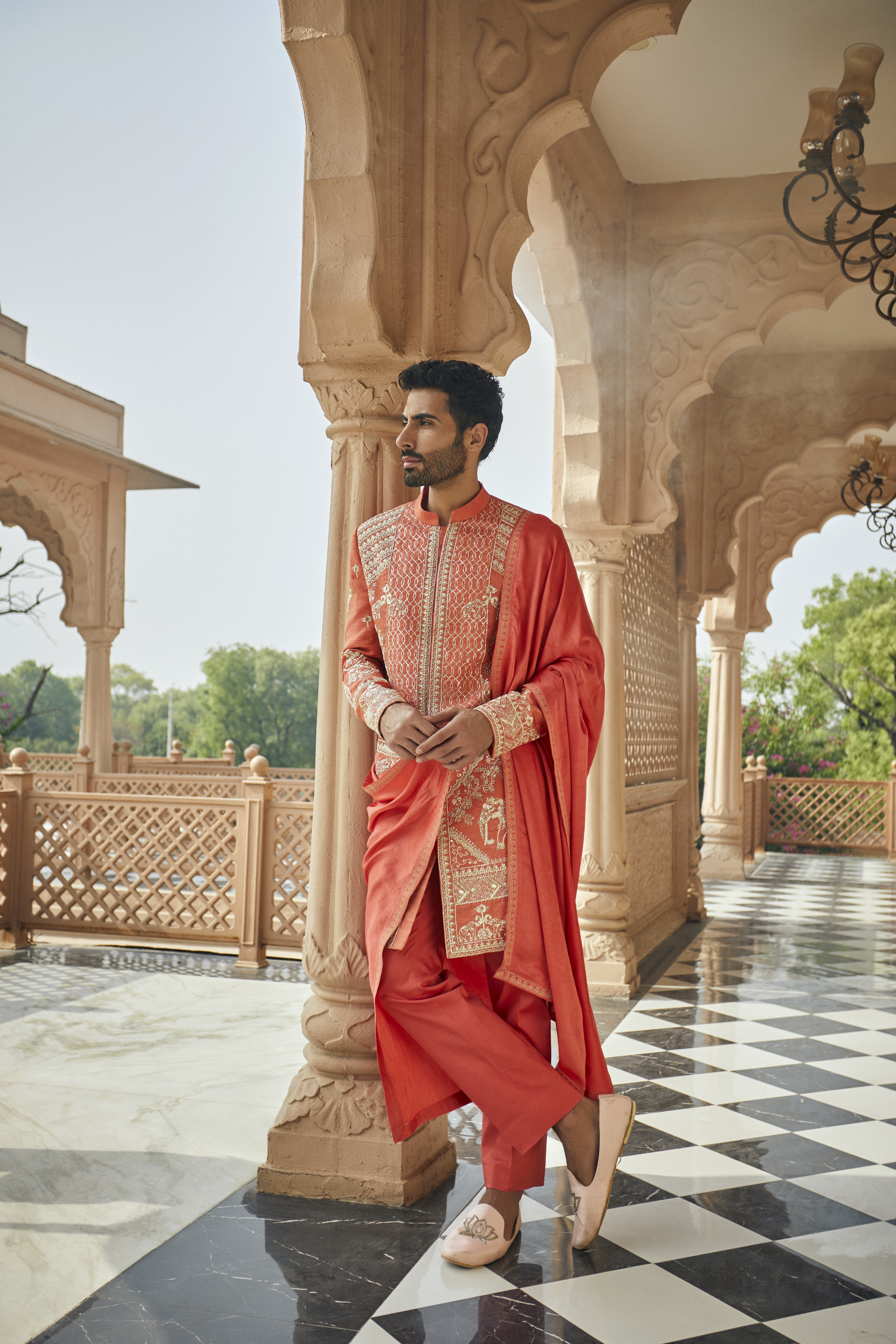 Alternate view of RUST-ORANGE SHERWANI SET