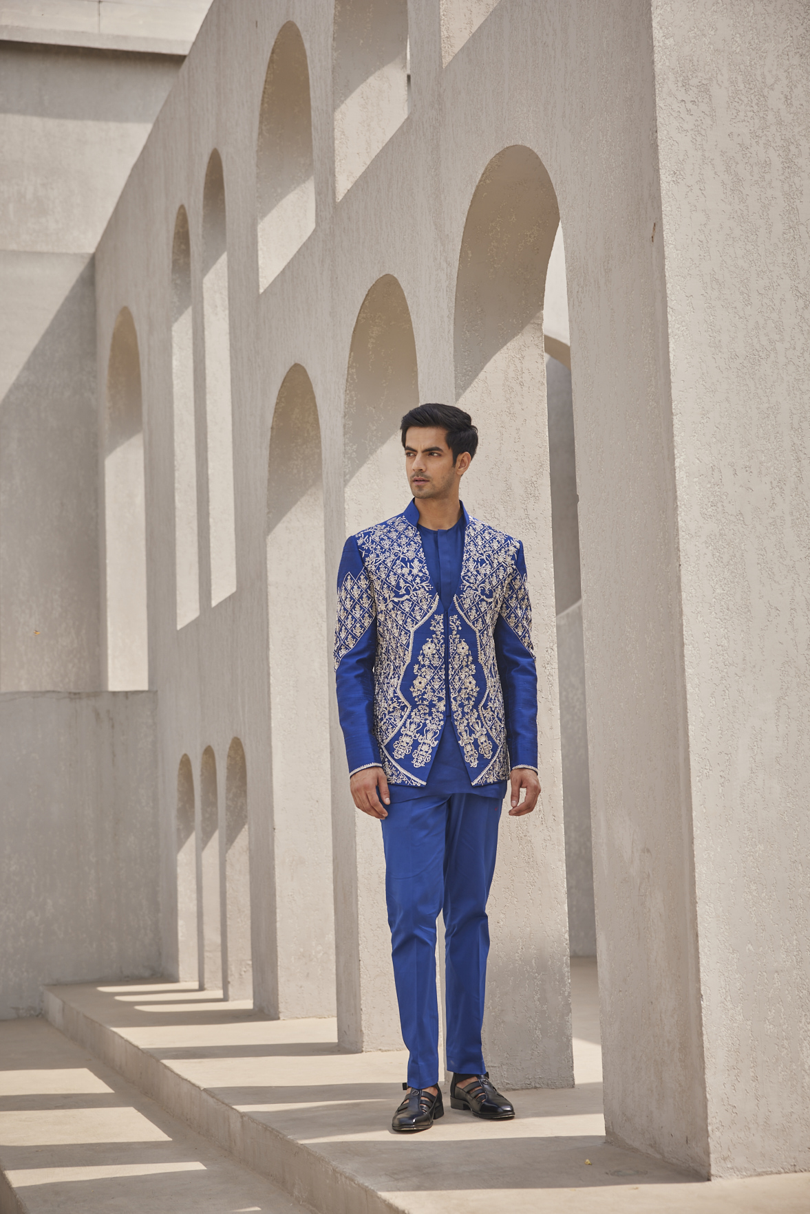 NAVY JAAL INDOWESTERN JACKET SET