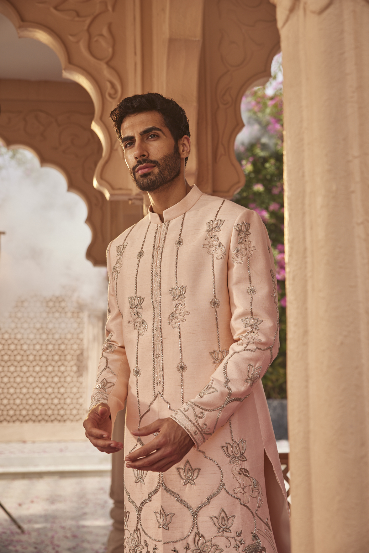 Alternate view of PEACH SHERWANI SET