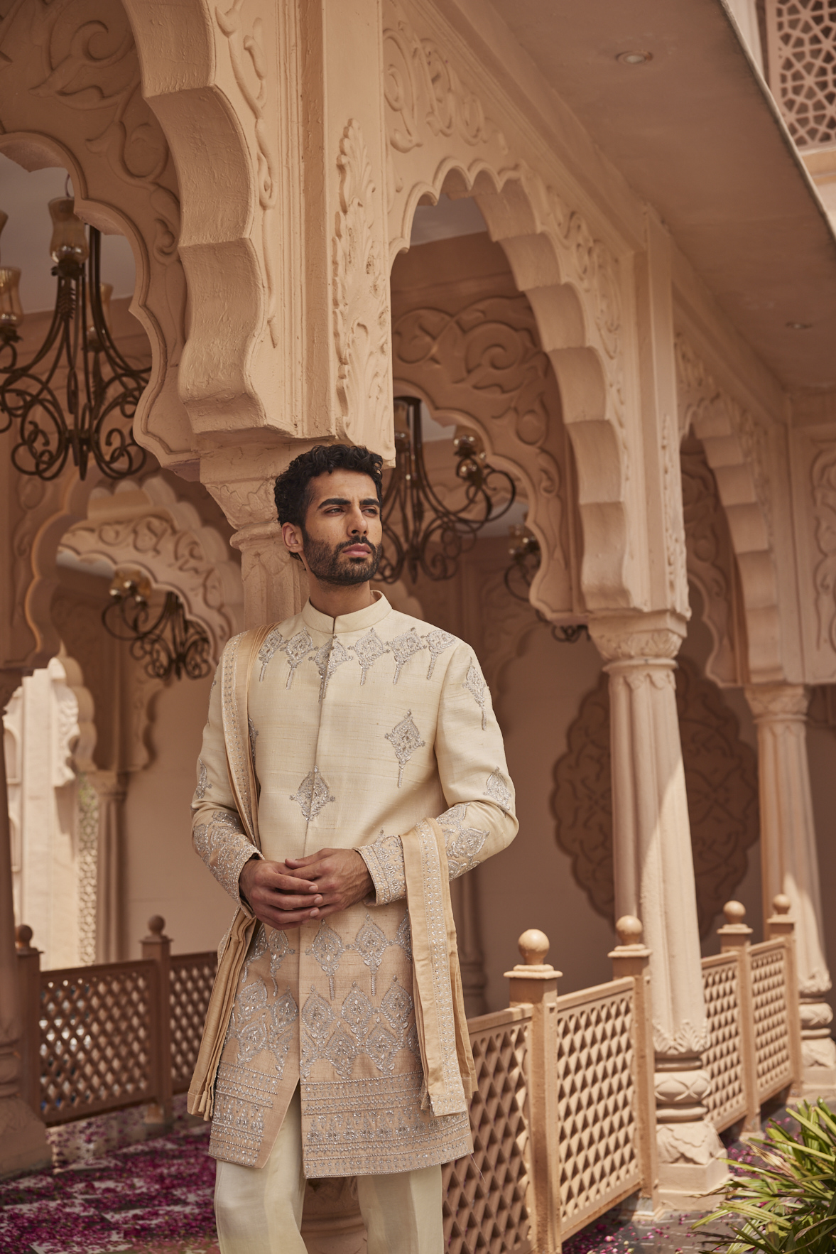 Alternate view of IVORY-GOLD SHERWANI (PEACH OMBRE) SET