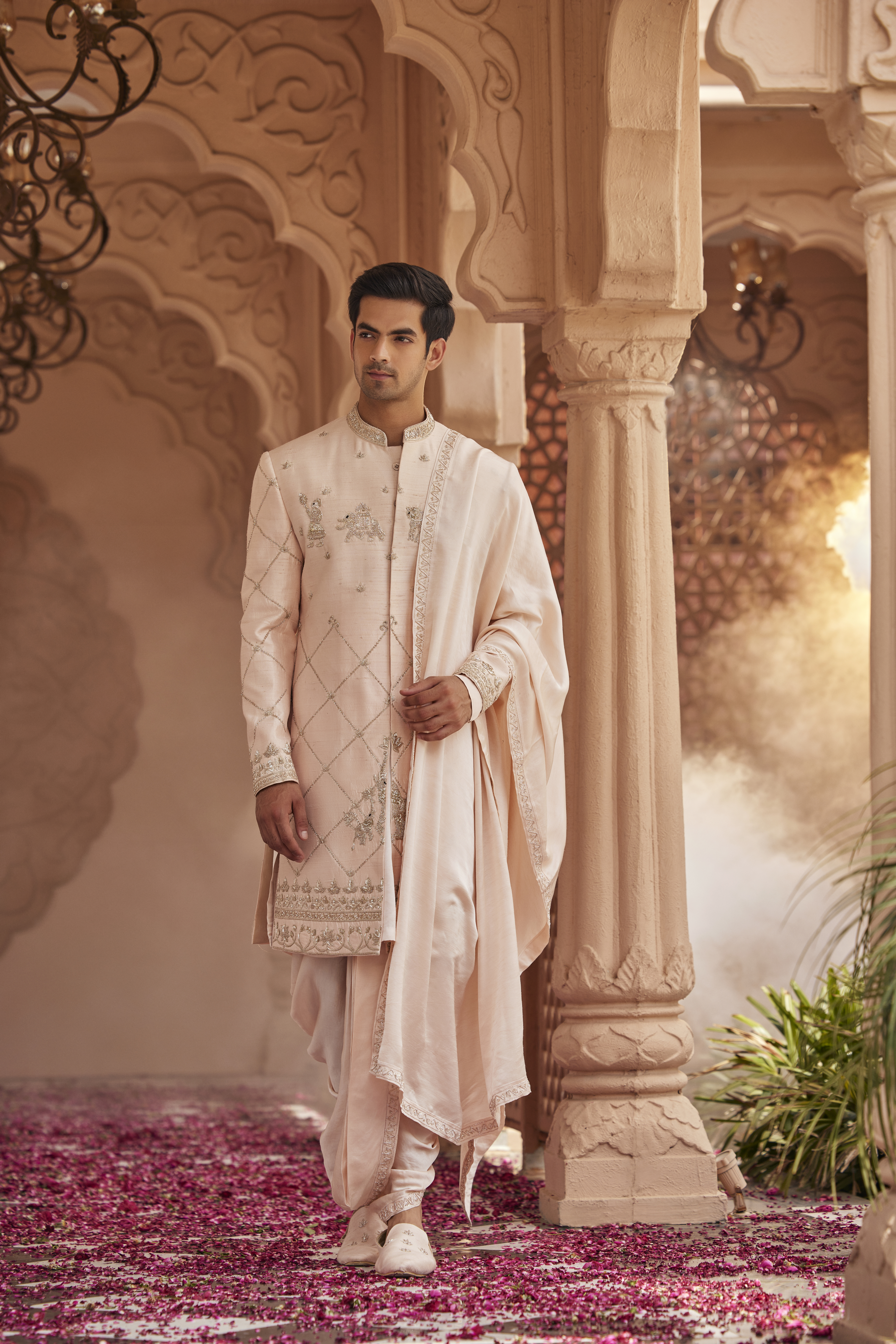 Alternate view of PEACH SHERWANI SET