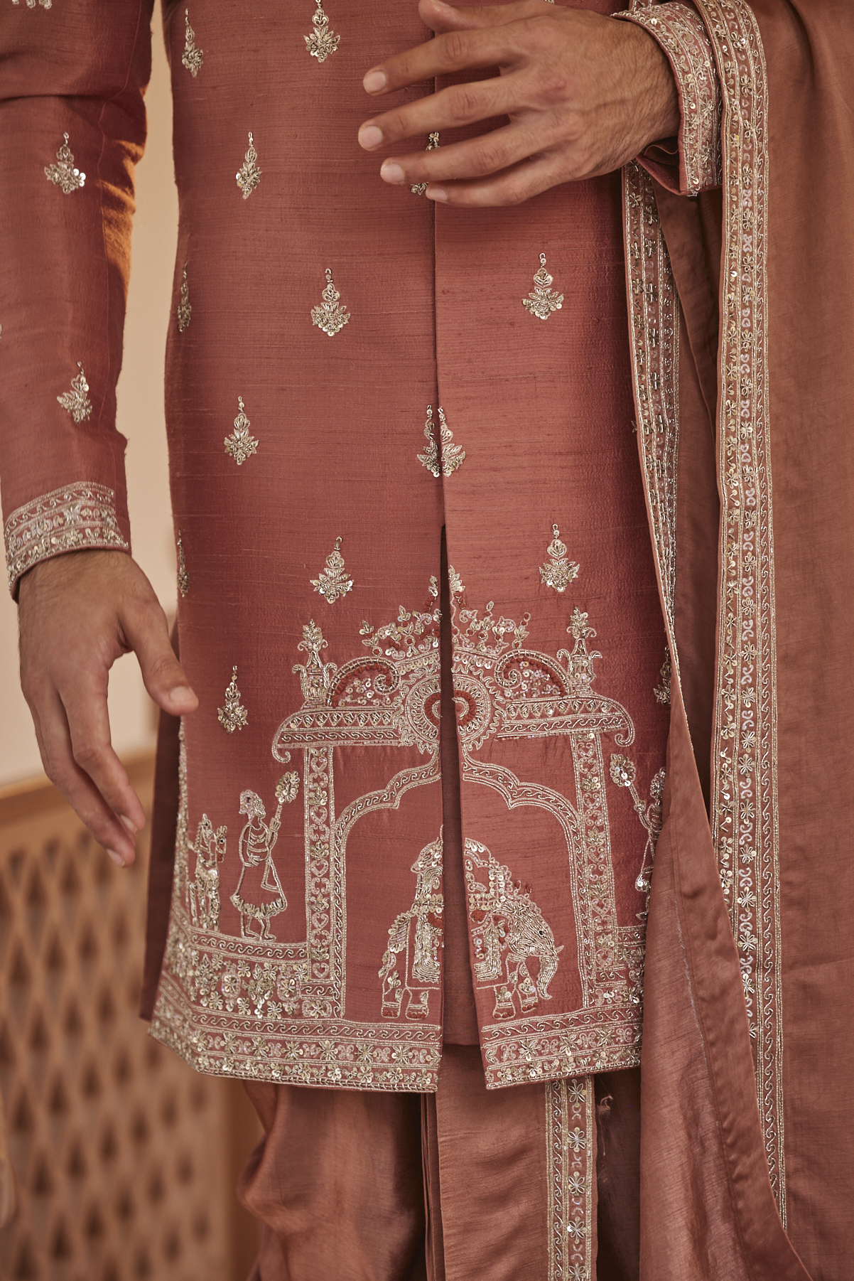 Alternate view of RUST COLOUR SHERWANI SET