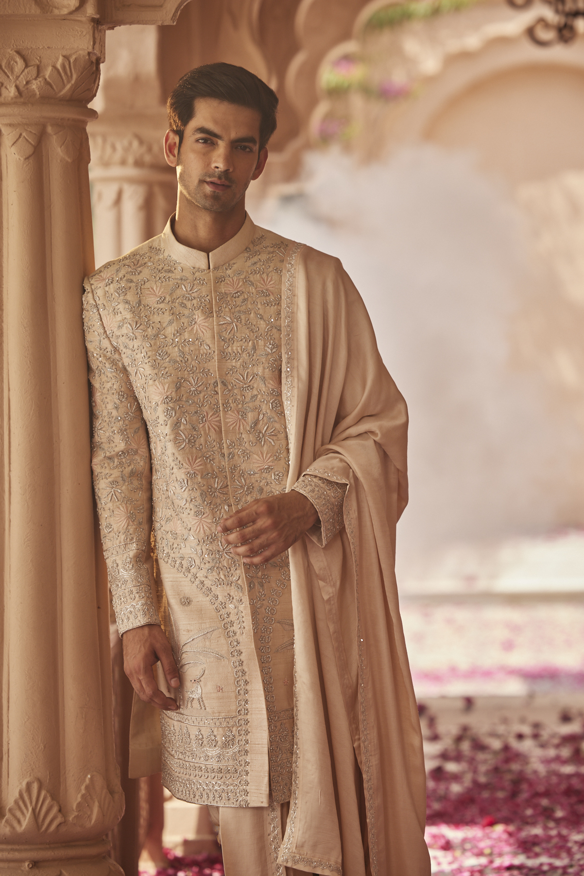Alternate view of PEACH SHERWANI SET