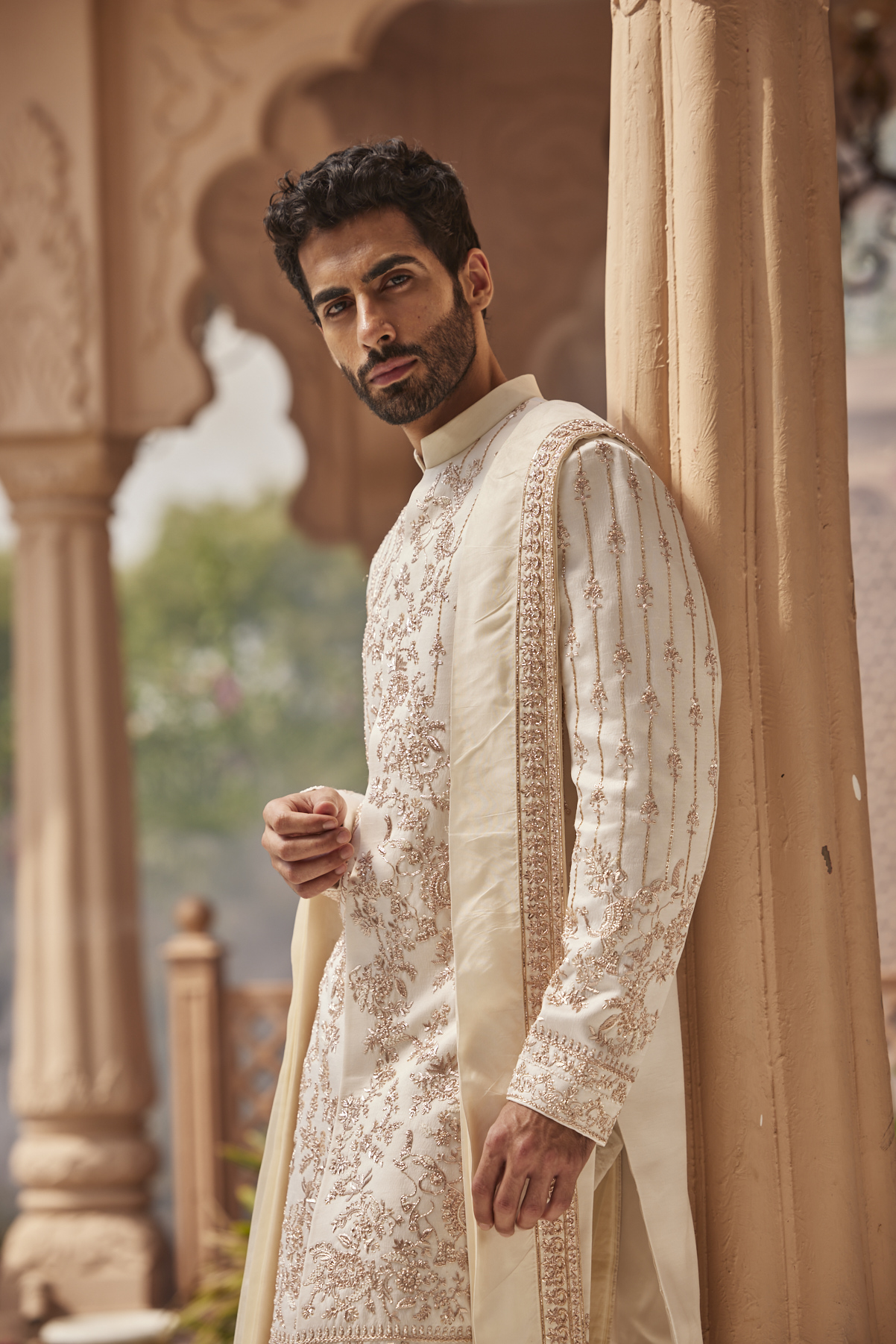 Alternate view of IVORY-GOLD SHERWANI SET