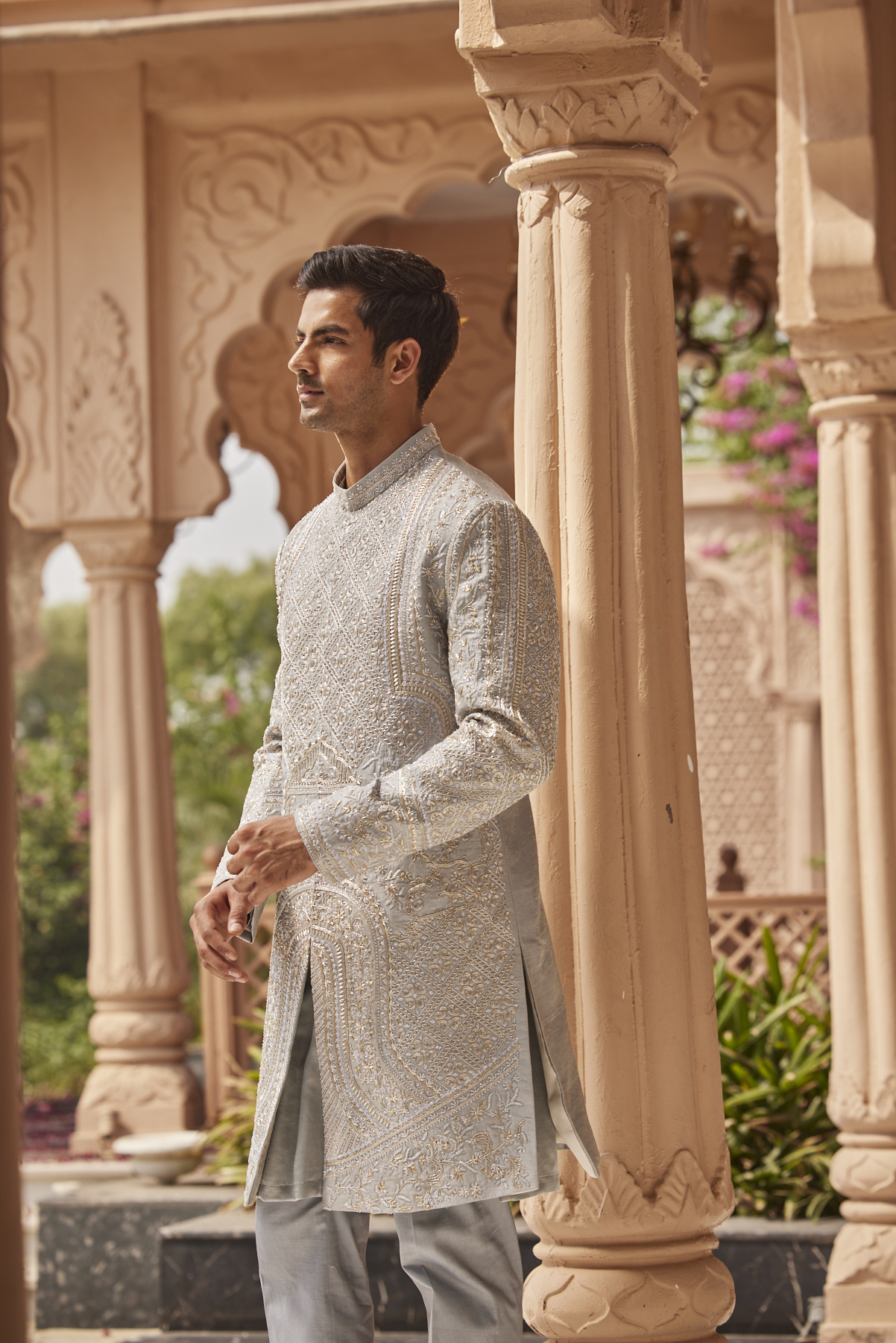 Alternate view of GREYISH SILVER SHERWANI SET