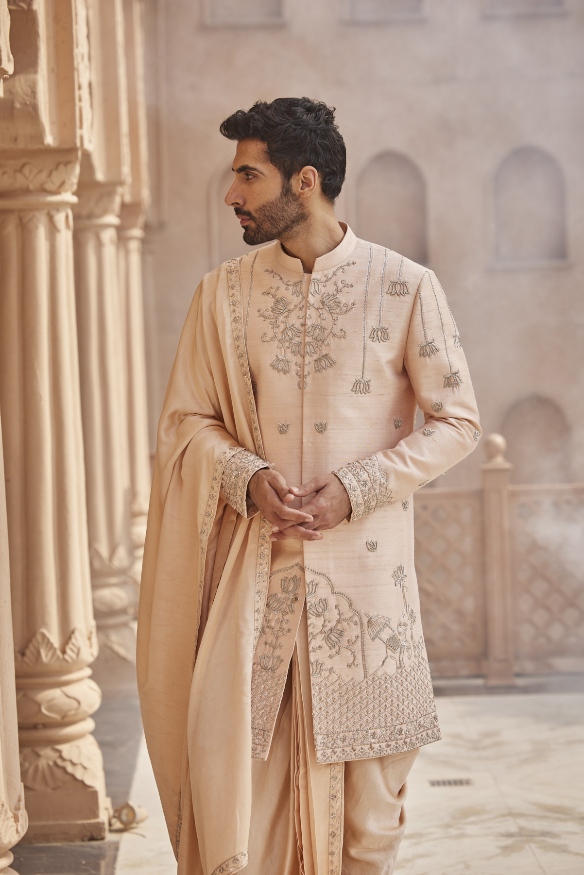 Alternate view of PEACH SHERWANI SET