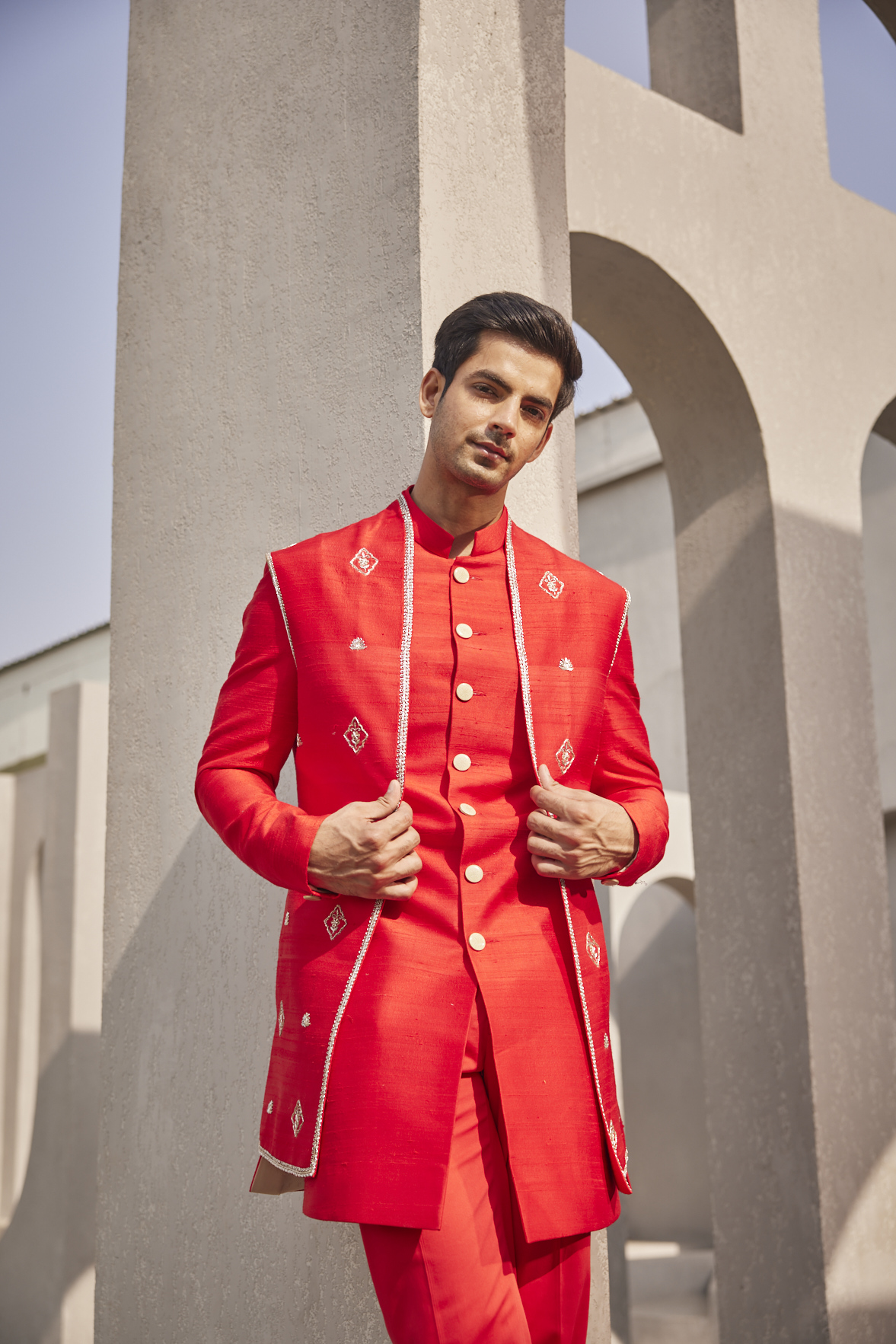 CRIMSON EMBROIDERED BANDI KURTHA SET