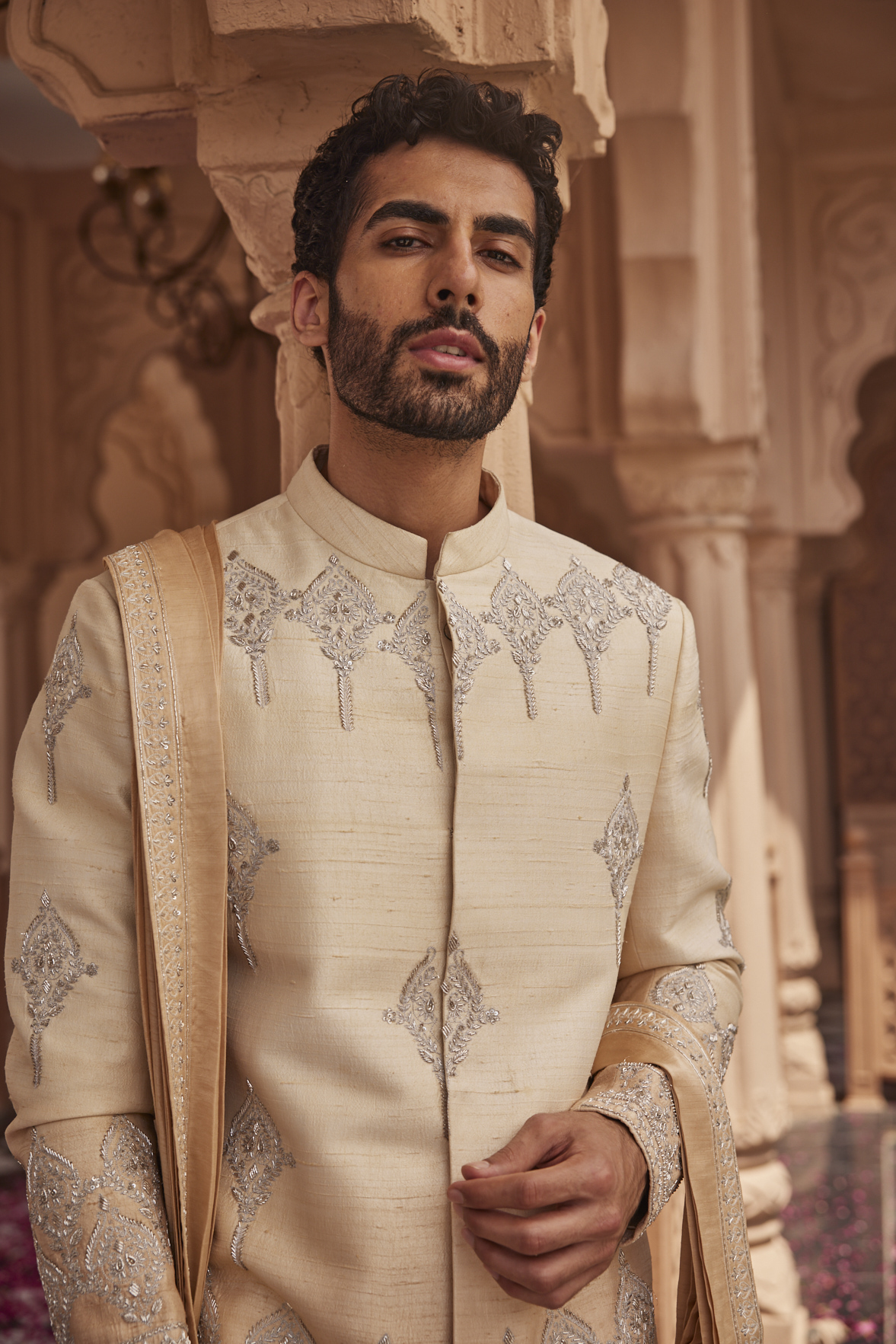 IVORY-GOLD SHERWANI (PEACH OMBRE) SET