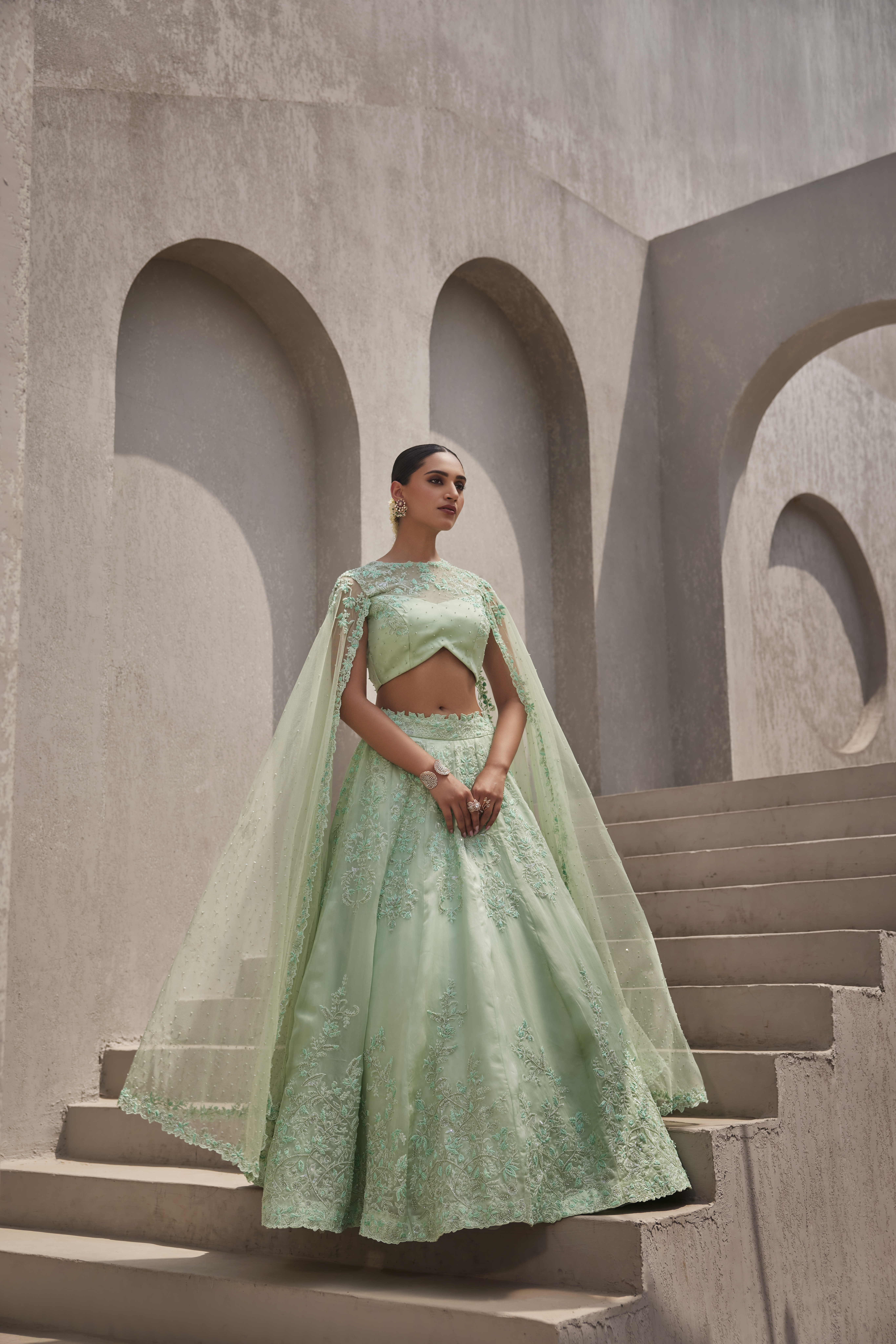 AQUA GREEN EMBROIDERED LEHENGA AND CAPE