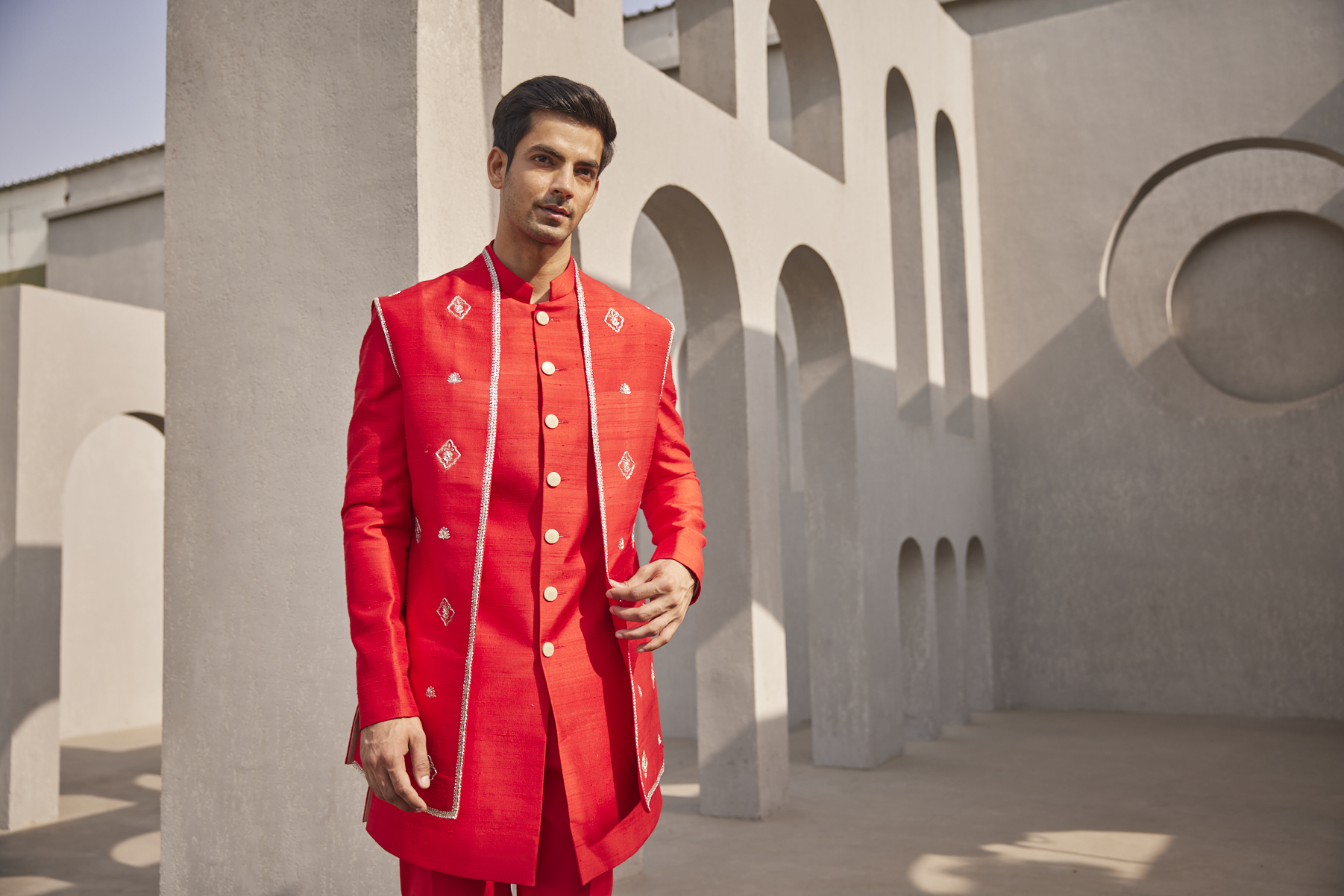 Alternate view of CRIMSON EMBROIDERED BANDI KURTHA SET