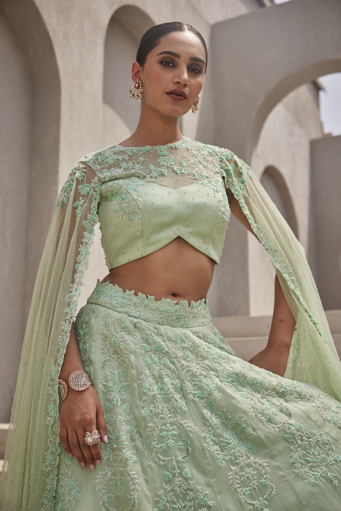 Alternate view of AQUA GREEN EMBROIDERED LEHENGA AND CAPE